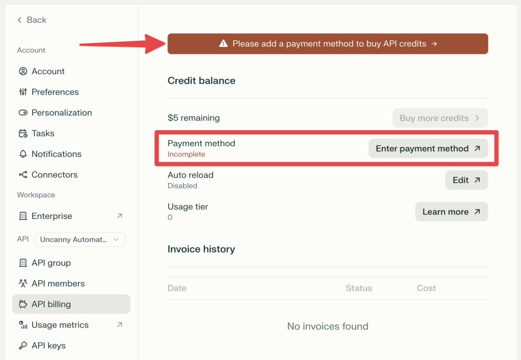 Perplexity AI billing page showing $5 credit balance with incomplete payment method section highlighted in red.