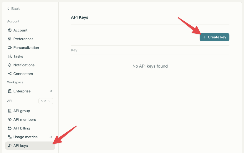 Perplexity AI API Keys page showing empty state with "Create key" button highlighted by red arrow in top right.