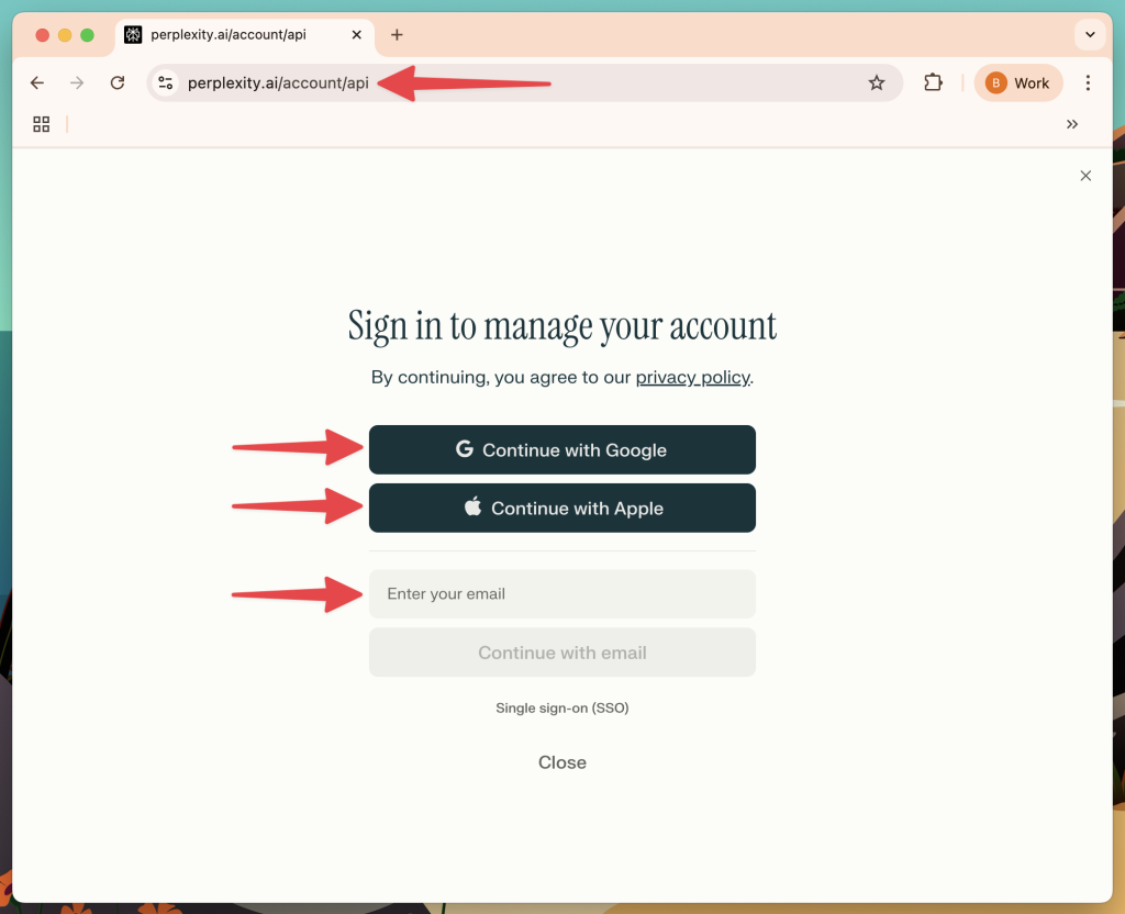 Perplexity AI sign-in page with options to continue with Google, Apple, or email, and a privacy policy link.