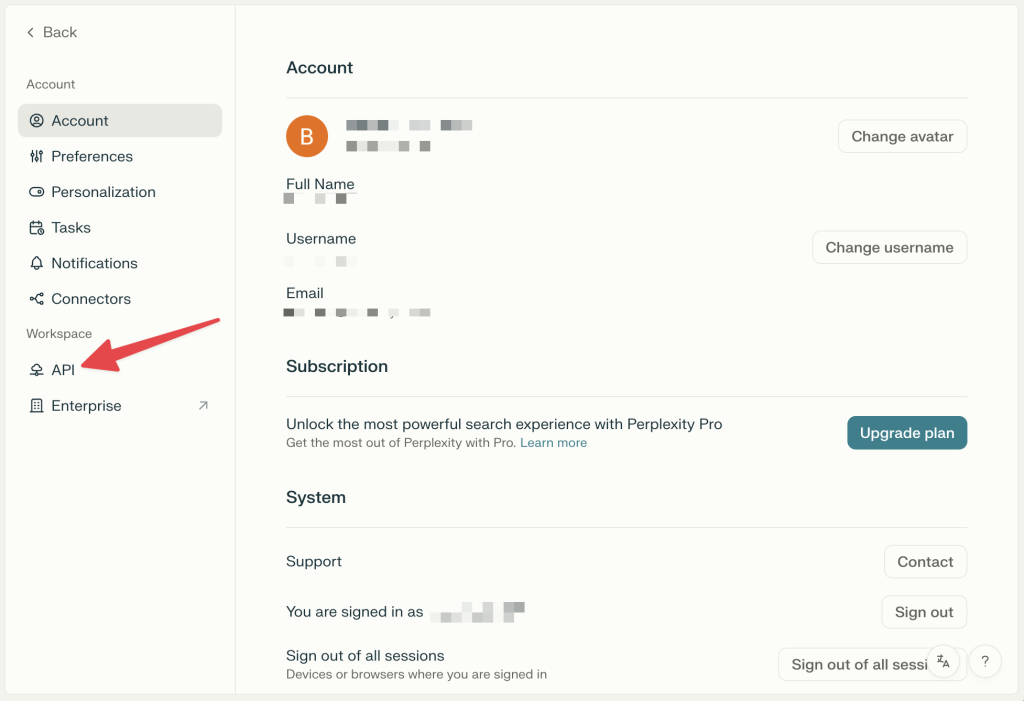 Perplexity AI account settings page with a red arrow pointing to “API”.
