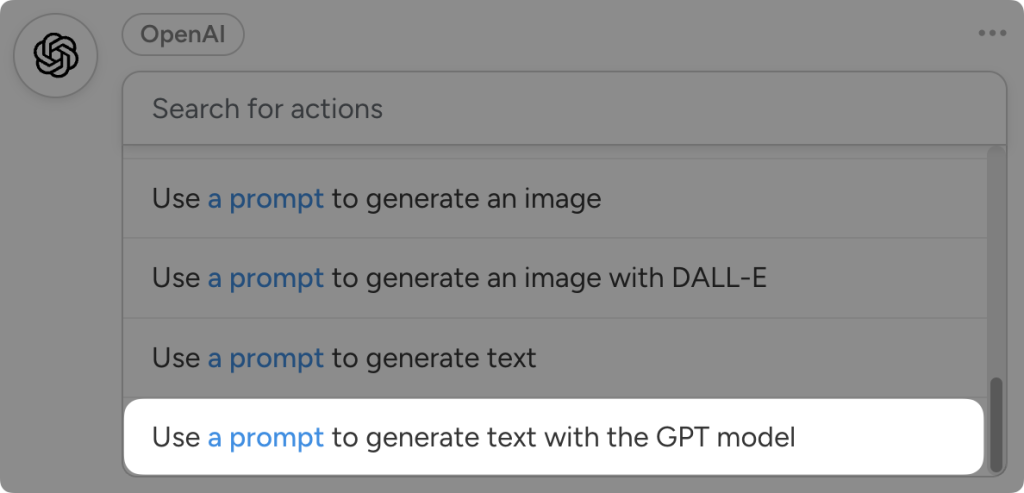 Automator actions dropdown list for OpenAI. The action “Use a prompt to generate text with the GPT model” is highlighted.
