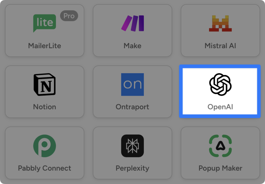 Grid of Automator integrations for WordPress. The OpenAI integration is highlighted.