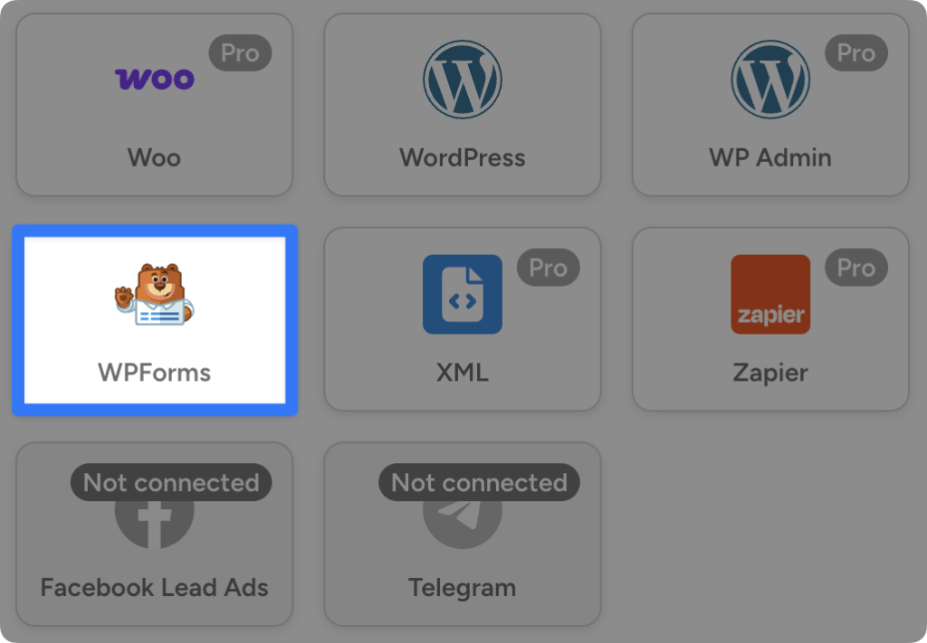 Grid of Automator integrations for WordPress. WPForms is highlighted.